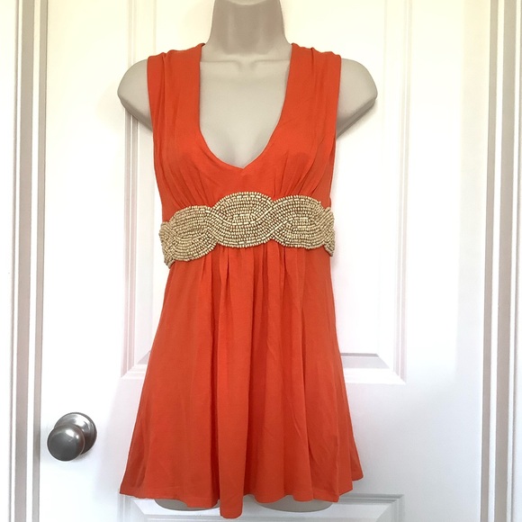 NWOT Boston Proper Orange Beaded Stretch Tunic Top Size XXS Crisscross Back - Picture 2 of 8
